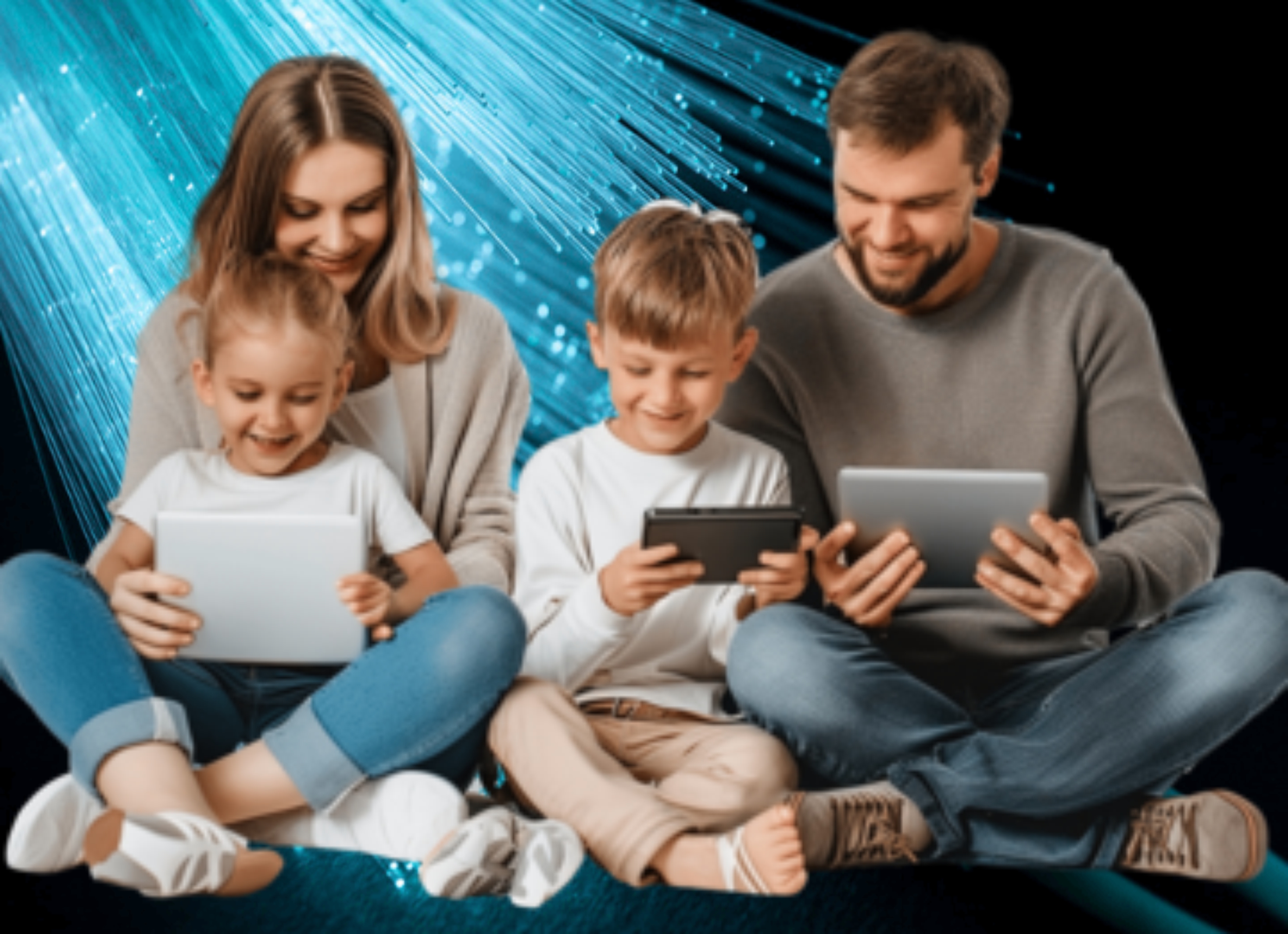 Família utilizando a internet com efeito verde ao fundo